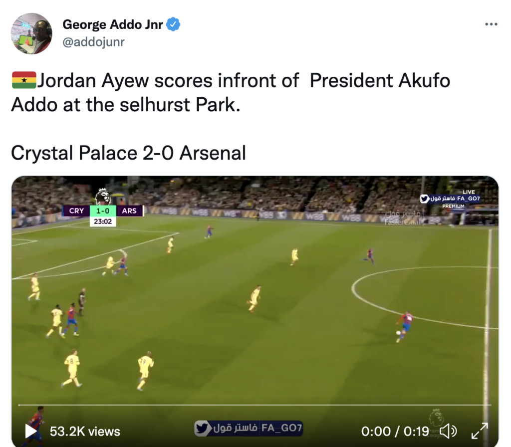 President Nana Addo Watches & Applauds Jordan Ayew As He Scores Spectacular Goal Against Arsenal In The EPL (VIDEO) 2 Screenshot 2022 04 04 at 7.59.04 PM