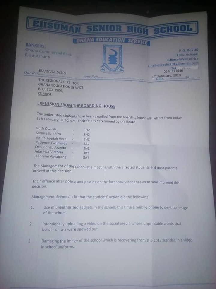 Ejisuman SHS expels 7 students from boarding house over a viral video