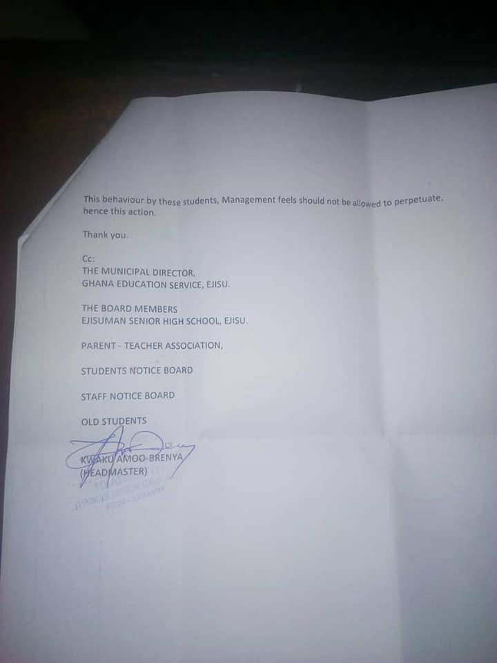 Ejisuman SHS sacked 7 students from boarding house over a viral video