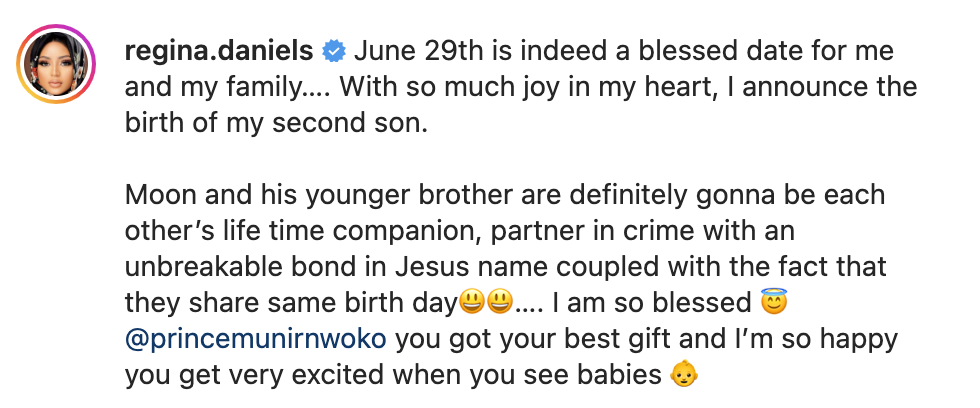 Nigerian Actress, Regina Daniels Gives Birth To Second Child 2 Screenshot 2022 06 29 at 1.27.04 PM