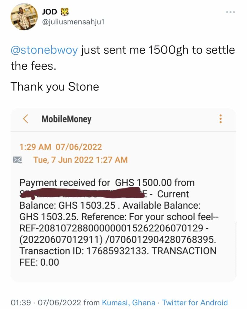 Stonebwoy pays fees for needy KNUST student 3 Stonebwoy