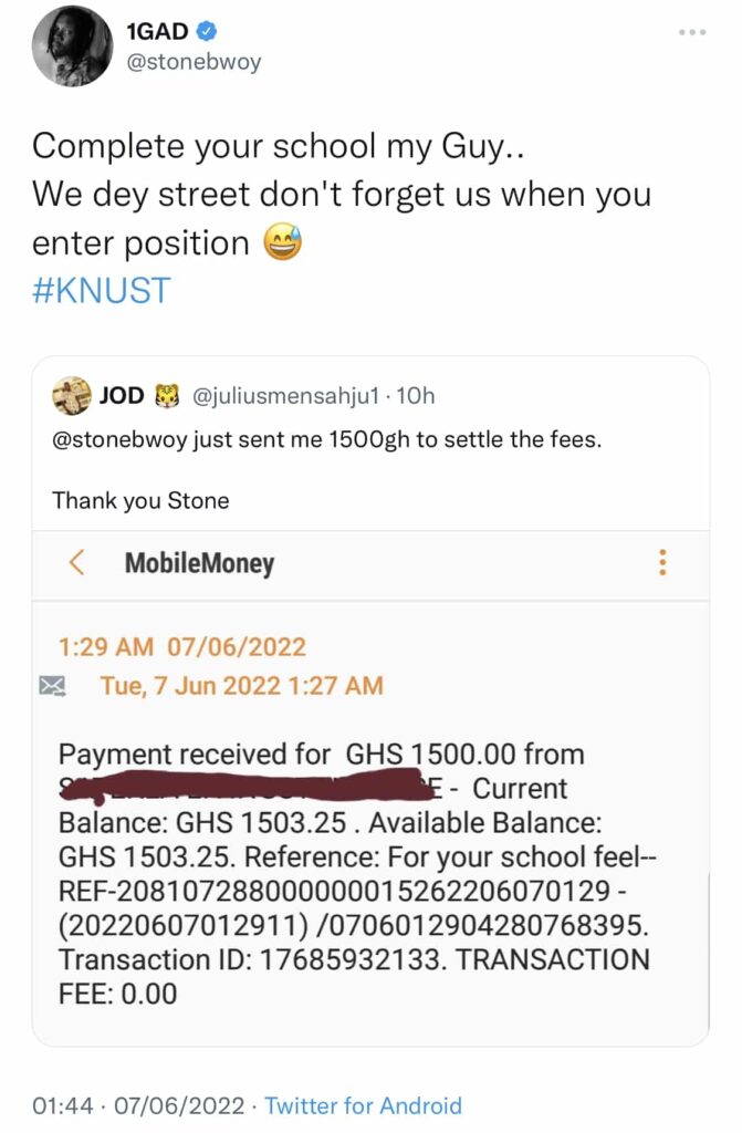 Stonebwoy pays fees for needy KNUST student 4 Stonebwoy