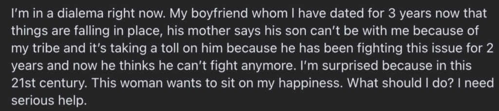 ‘After Dating Him For Three Years, His Mother Is Saying Her Son Can’t Marry Me Because Of My Tribe’ – Lady Cries Out 2 Screenshot 2022 07 02 at 7.40.27 AM