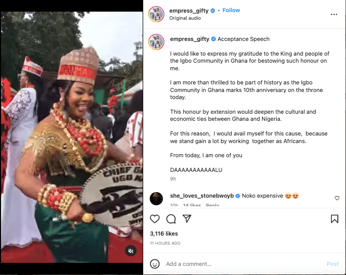 Empress Gifty Thanks The Igbo Community After Making Her A Chief