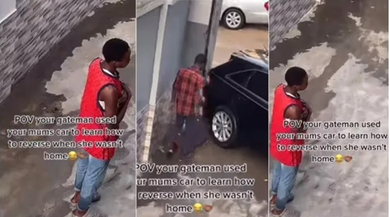 Gateman Crashes Madam’s car While Learning How To Drive In Her absence (Video) 2 Gateman crashes Madam's car