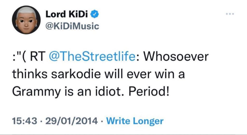 Sarkodie Will Never Win A Grammy Award – Tweet From KiDi Resurfaces 3 Sarkodie Will Never Win A Grammy Award – Tweet From KiDi Resurfaces