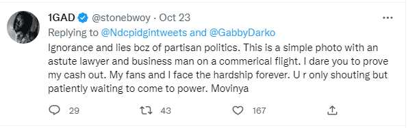 Stonebwoy Lambasts An NDC Devotee Over Outright Claims Of Accepting Monetary Incentives 5 1666771197450