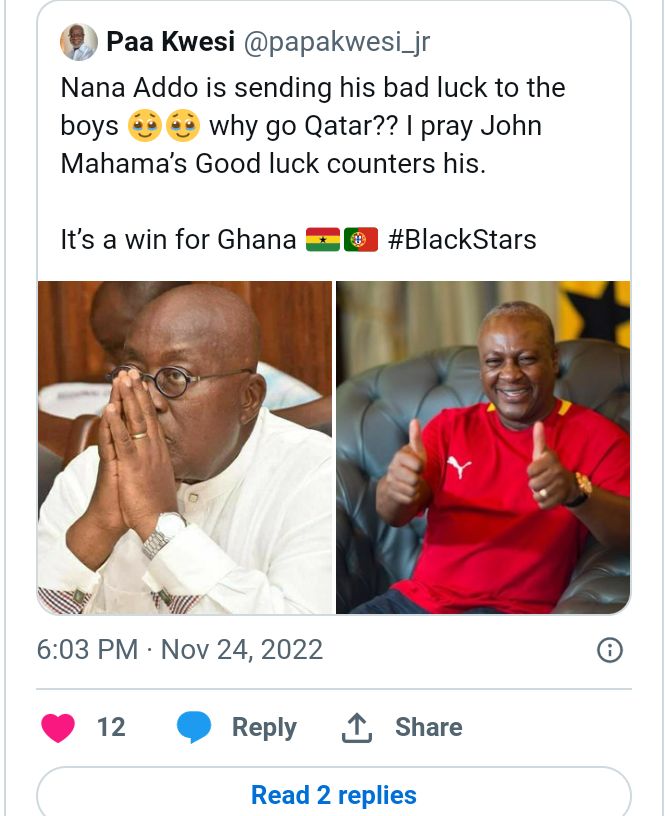 "It's All His Fault" - Ghanaians Excoriate Akufo-Addo As They Blame Him For Black Stars' Loss Against Portugal 3 Screenshot 20221124 234620