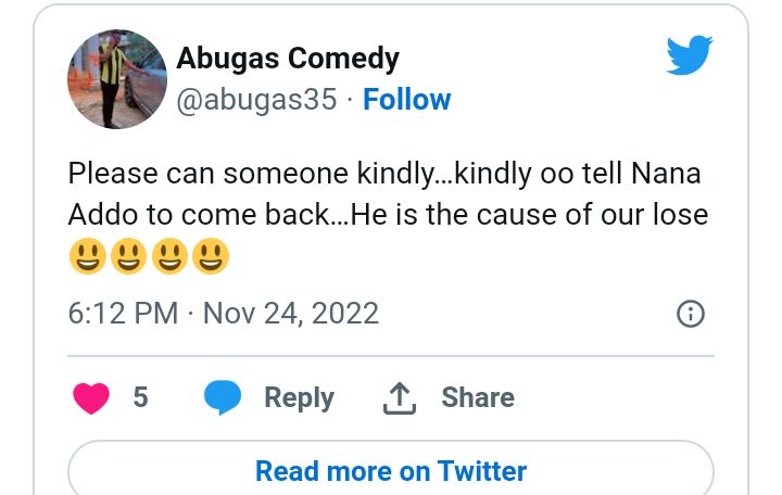 "It's All His Fault" - Ghanaians Excoriate Akufo-Addo As They Blame Him For Black Stars' Loss Against Portugal 7 Screenshot 20221124 234850 5