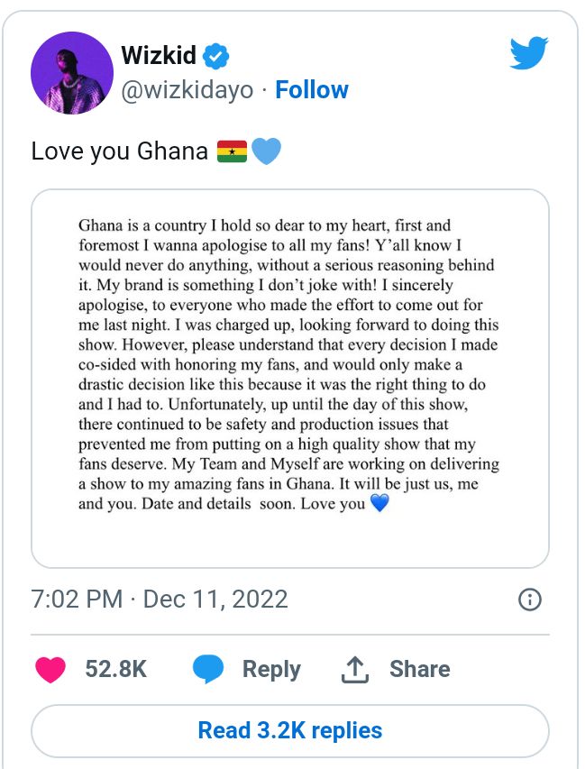 I Hold Ghana Dear To My Heart - Wizkid Pours Out Apology After His Failure To Perform In Ghana 2 Screenshot 20221212 015759