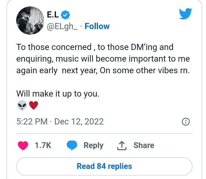 Music Will Become Important To Me Again, Come Next Year - E.L Confirms 2 Screenshot 20221221 002334