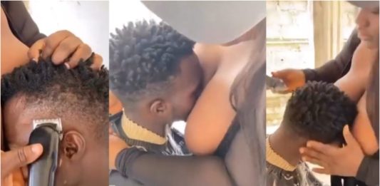 Female Barber Gives Customer A Special Treat With Her BO0bs