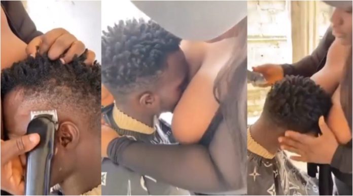 Female Barber Gives Customer A Special Treat With Her BO0bs