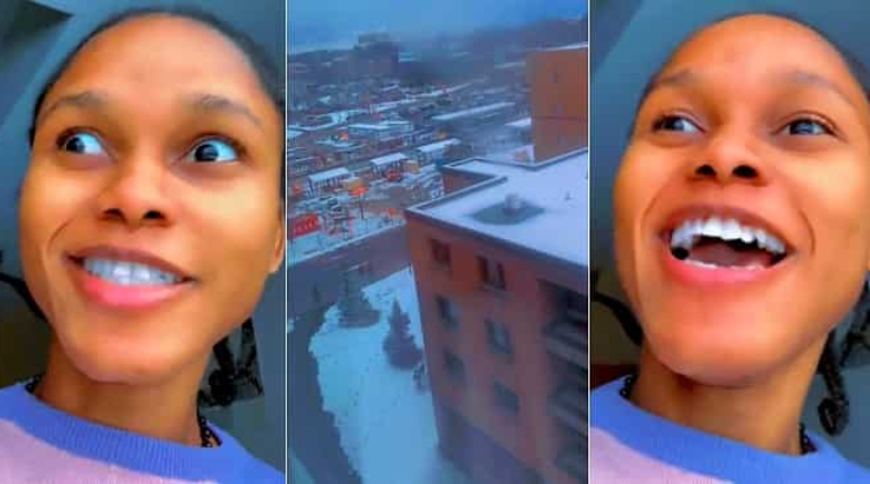"Is This Heaven?" Nigerian Lady Screams as She Sees Snow for the First Time in Canada, Video Trends 2 Nigerian Lady Screams as She Sees Snow for the First Time
