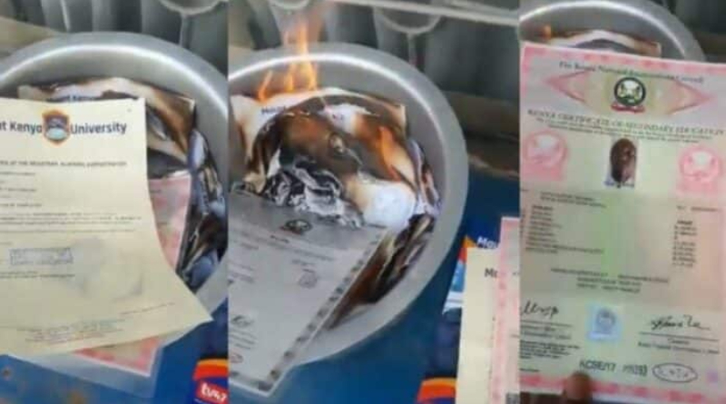 Kenyan man burns his certificates