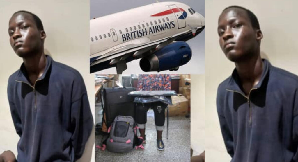 Young man arrested while attempting to sneak into a plane bound for London from Kotoka. 2 Young man arrested while attempting to sneak into a plane bound for London from Kotoka.
