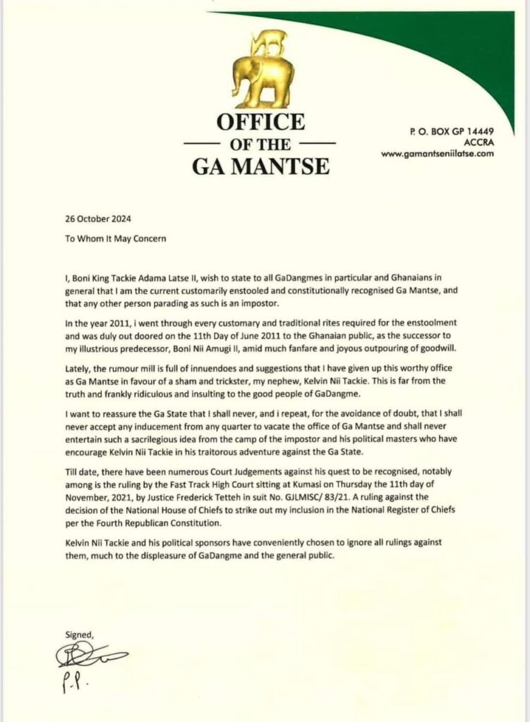Ayikoi Otoo dismisses legitimacy claims of rival Ga Mantse