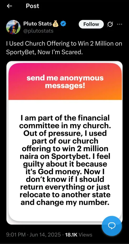 Man Wins ₦2M Betting With Church Offering, Now Plans to Relocate 2 Man Wins ₦2M Betting With Church Offering, Now Plans to Relocate